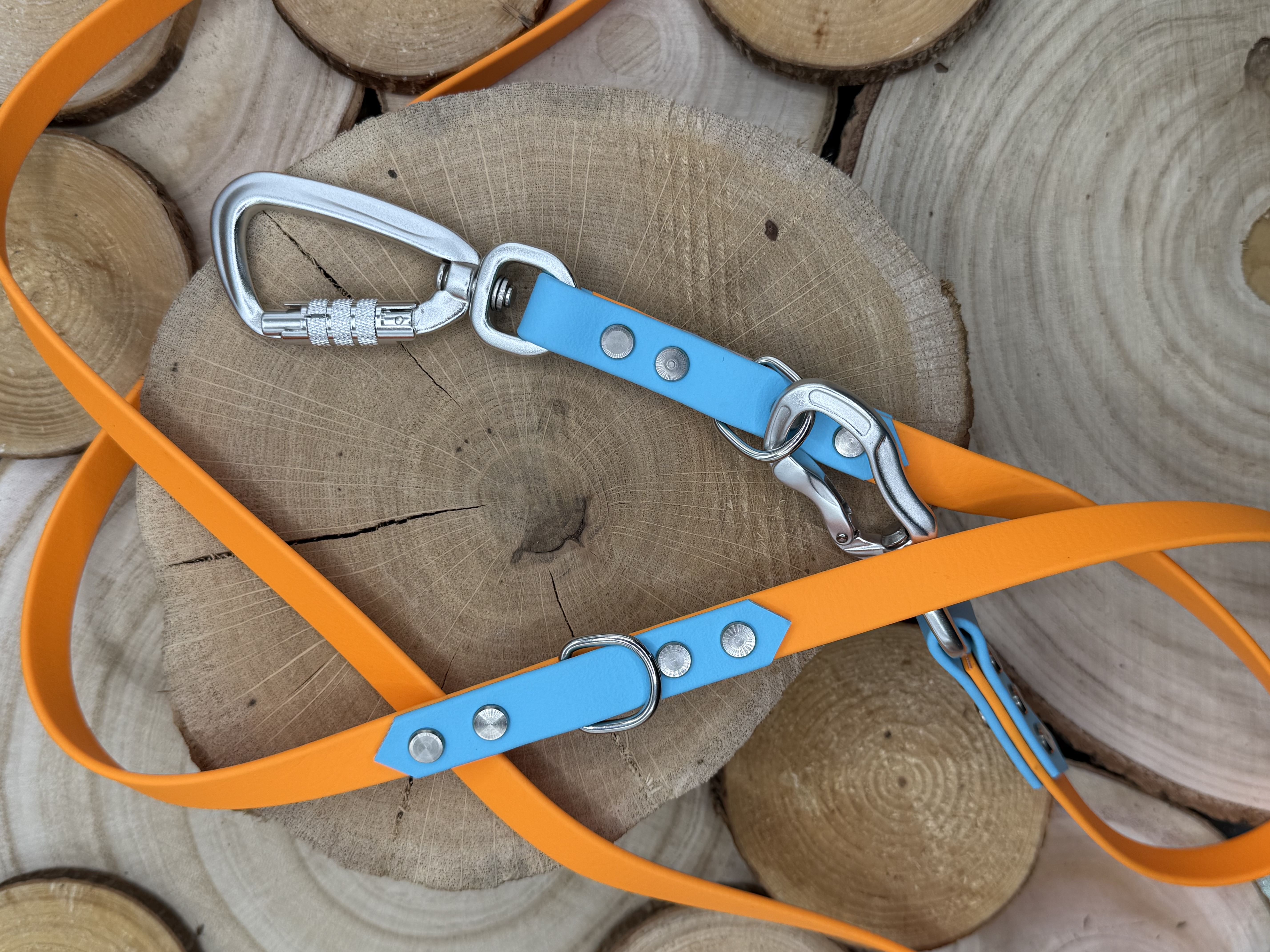 Biothane Hundeleine, 16mm, verstellbar, orange & skyan (2.001)